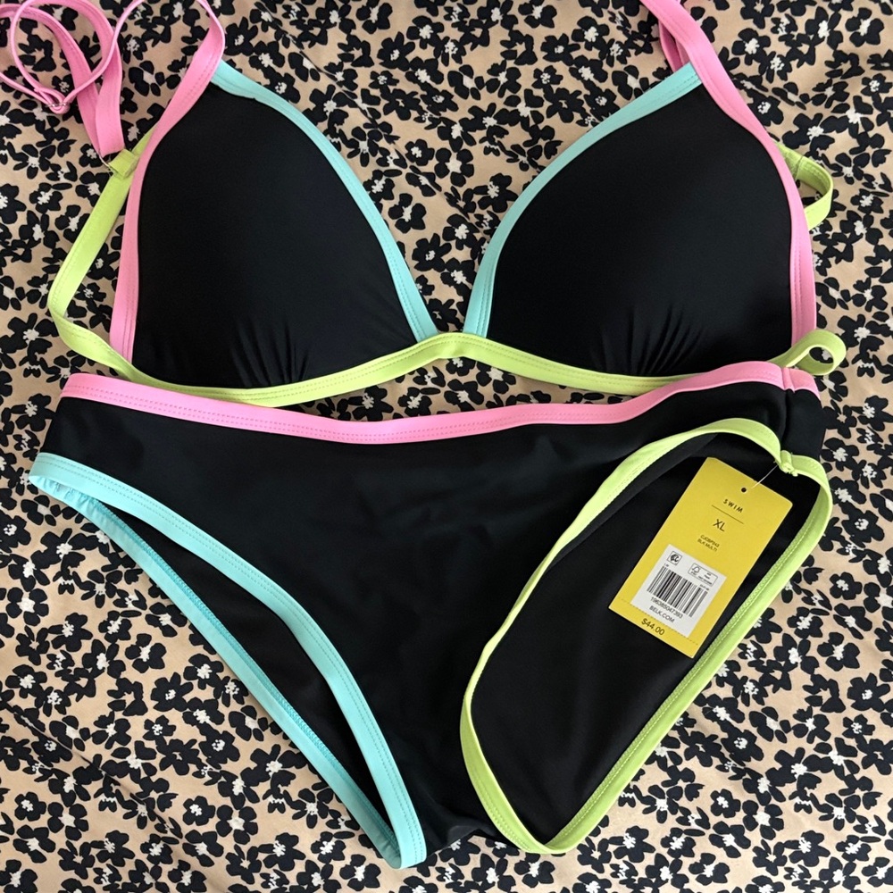 Crown & Ivy Black Bikini with Pink, Green, and Blue Trim